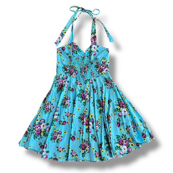 Hell Bunny Vixen Retro Halter Sundress Blue Floral Rockabilly Pin Up 50s Dress L - Picture 7 of 10